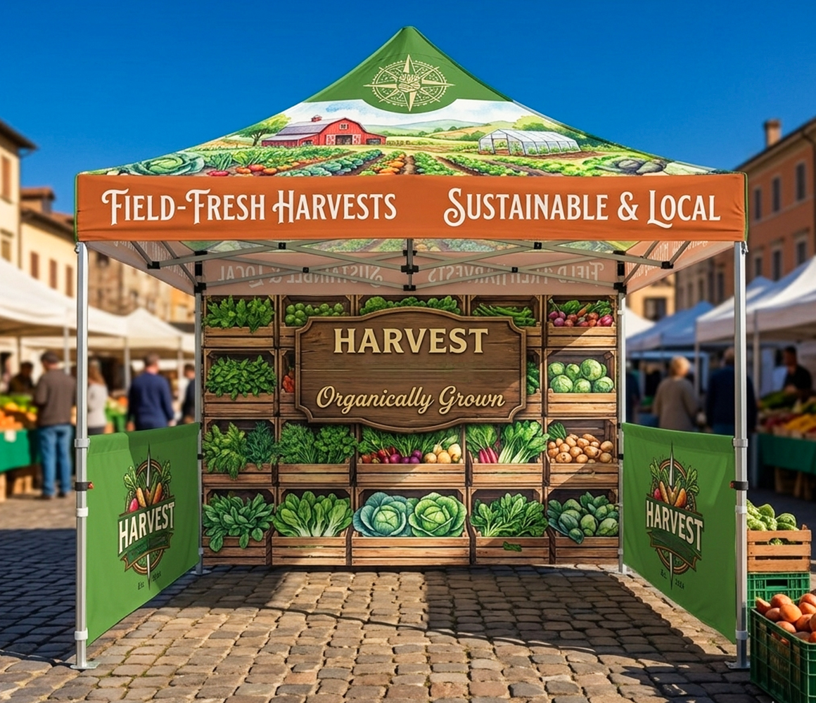 Event booth setup with a printed tent and custom table cover for display.