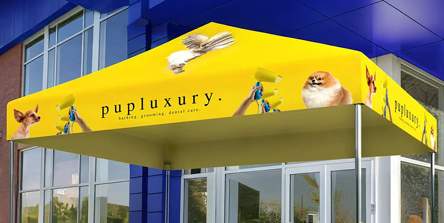 Custom branded pop-up event tent with printed canopy used for outdoor promotions and exhibitions.