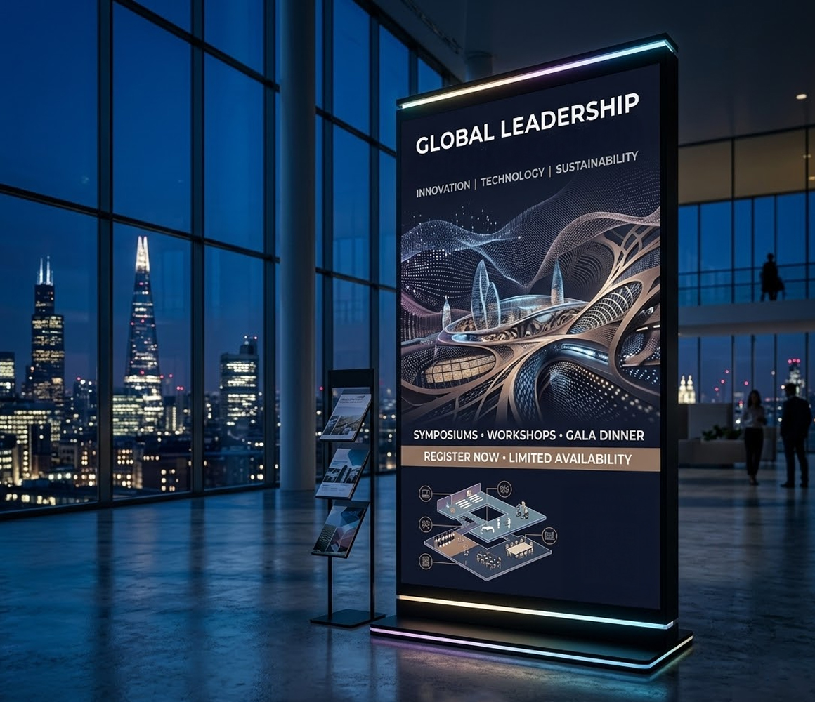 Digital display reinforcing brand visual identity through consistent design elements.