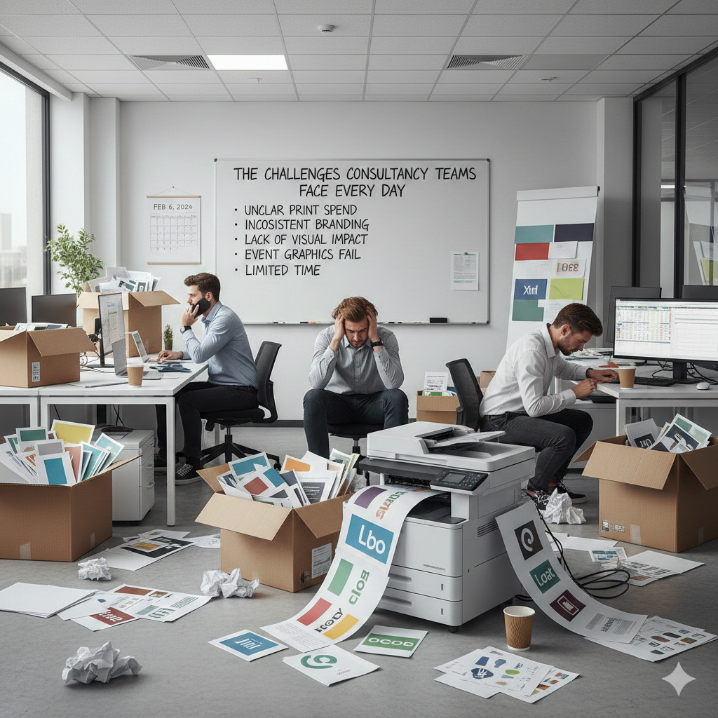 Consultancy office branding graphics and corporate signage reflecting professional business environment.
