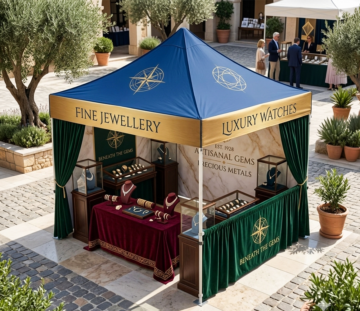 Corporate event display with custom printed tent and table cover.