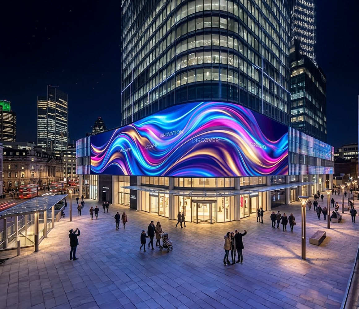 Video wall display presenting cohesive branded visuals across multiple screens.