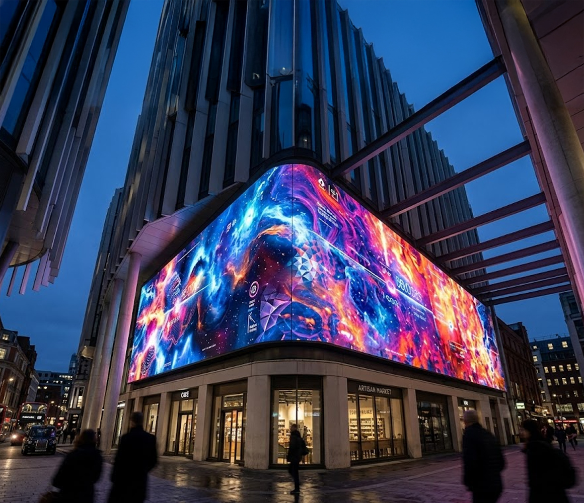 Large format digital display presenting unified branding visuals in a commercial space.