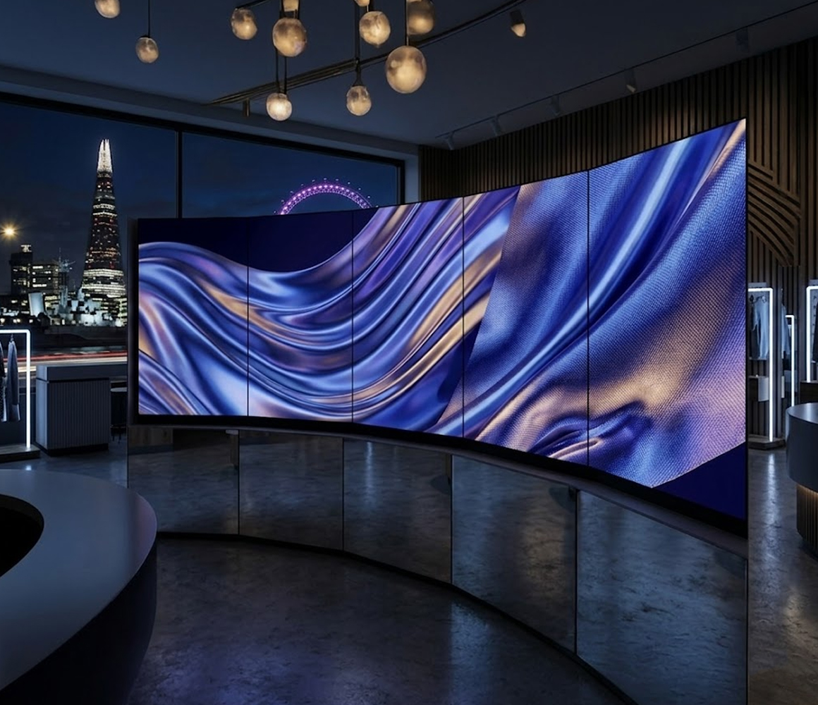 Multiple digital screens displaying synchronised branding visuals for a unified customer experience.