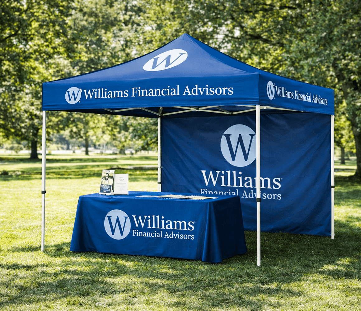 Portable folding tent being set up quickly for an outdoor promotional activity.
