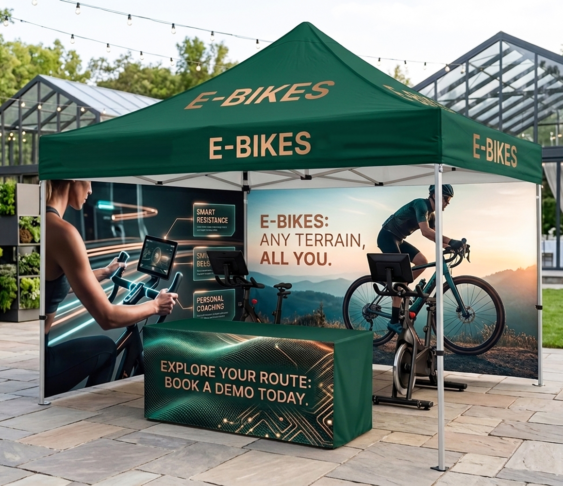Outdoor promotional gazebo tent with company branding set up at a marketing event.