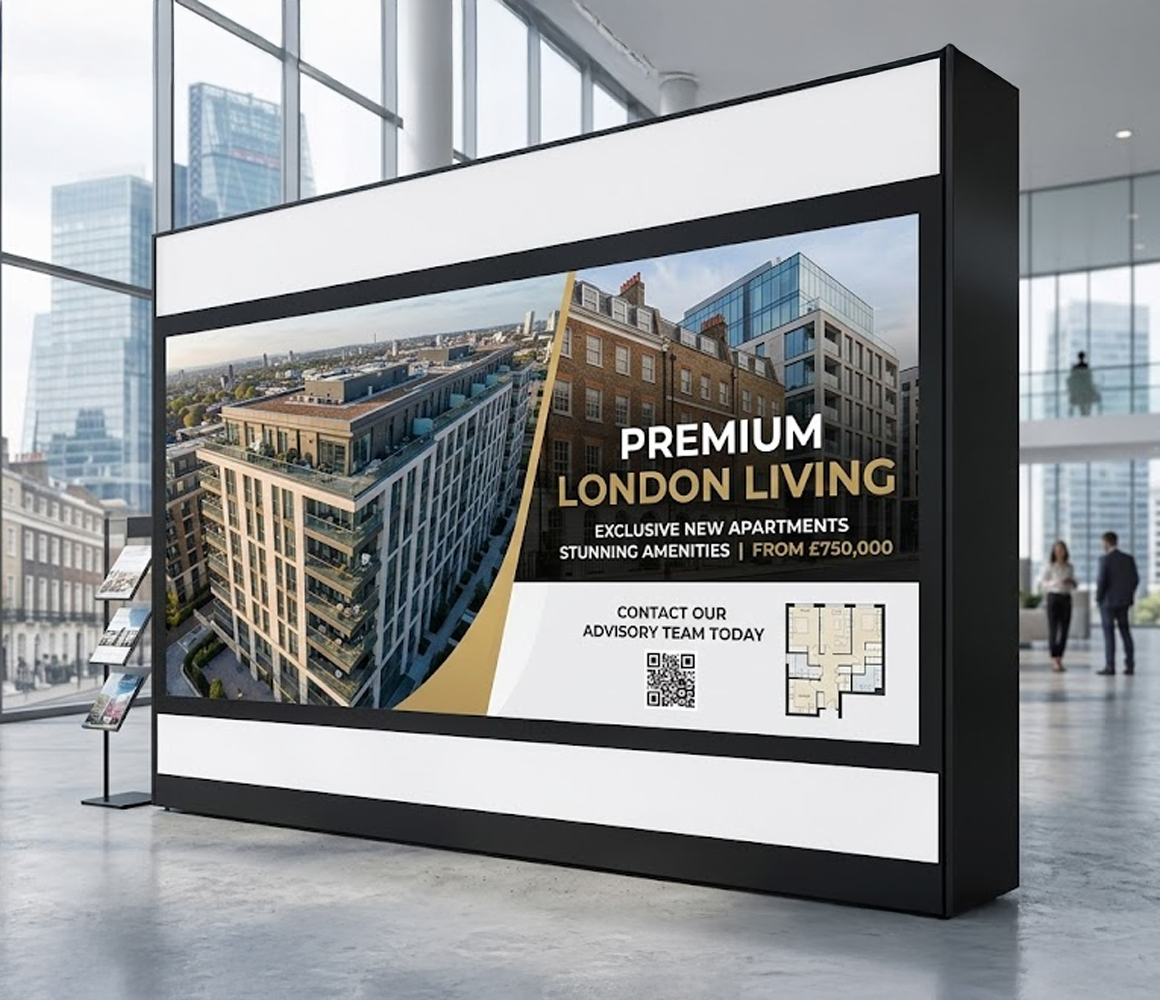 Digital display screens in a hospitality setting ensuring consistent branding across locations.