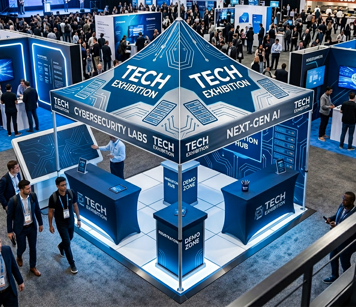 Outdoor promotional tent paired with a branded table cover for marketing displays.