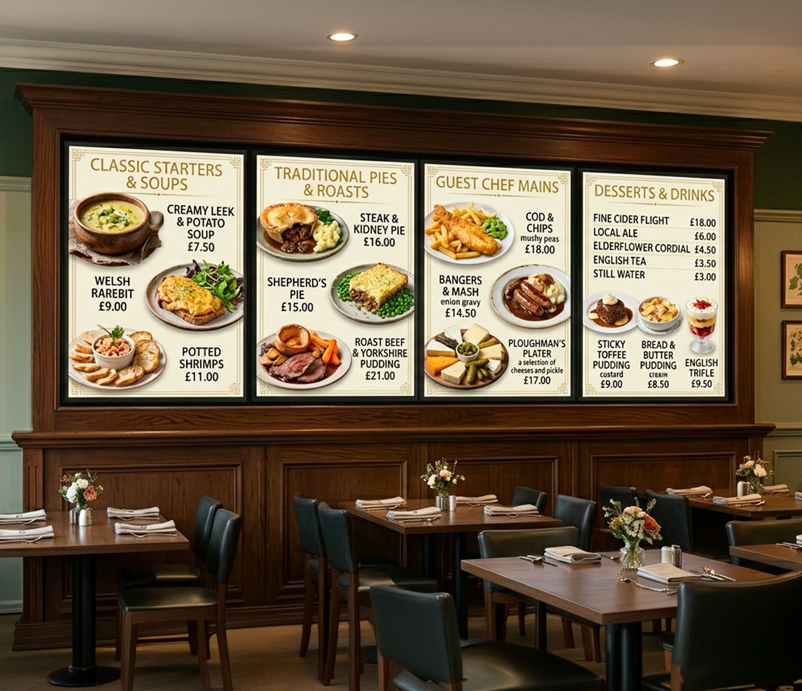 Digital menu screen inside a cafe showcasing beverages and snacks with vibrant visuals.