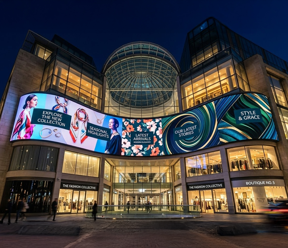 Network of digital screens delivering centralised and consistent brand content across locations.