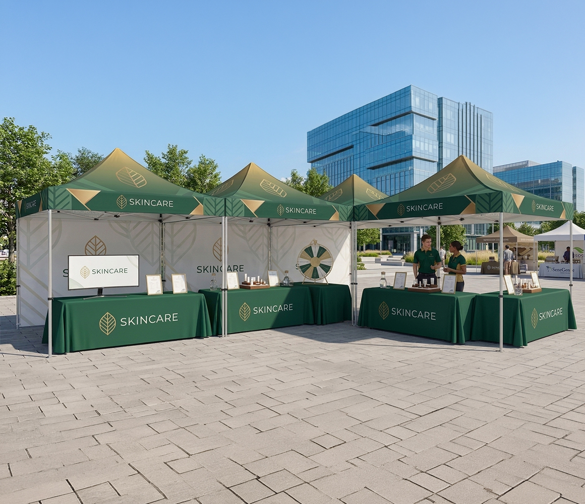 Custom printed tent and table cover setup for corporate events and exhibitions.