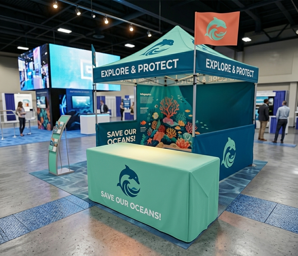 Corporate event display with custom printed tent and table cover.