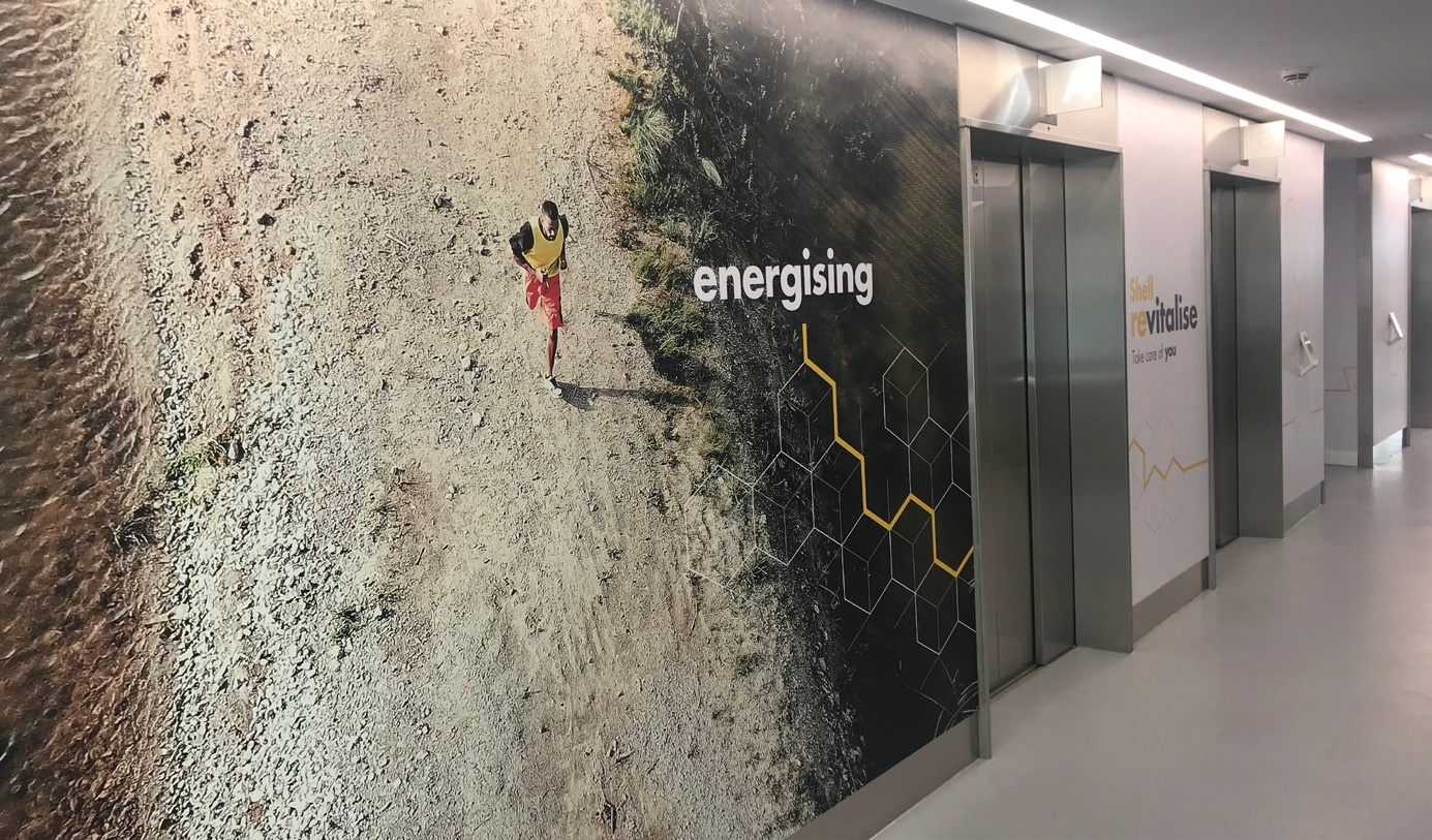 Completed environmental graphics project at Shell HQ London