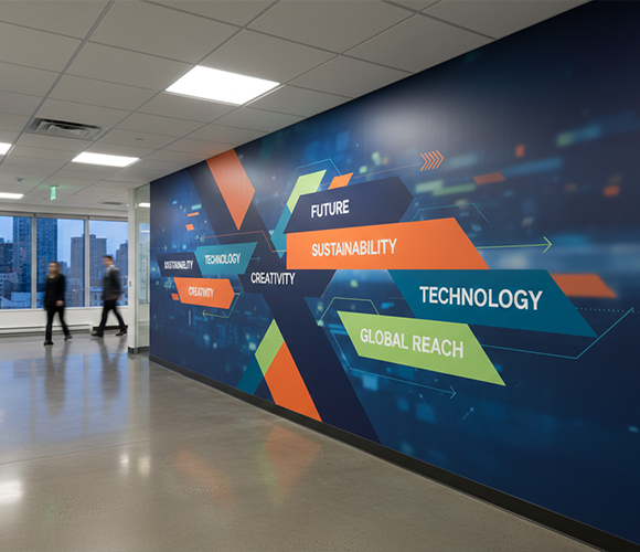 Office hallway with a wall mural showcasing future industry technology.