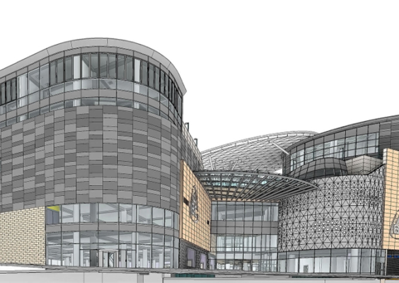 Architectural rendering of a modern commercial office building exterior.