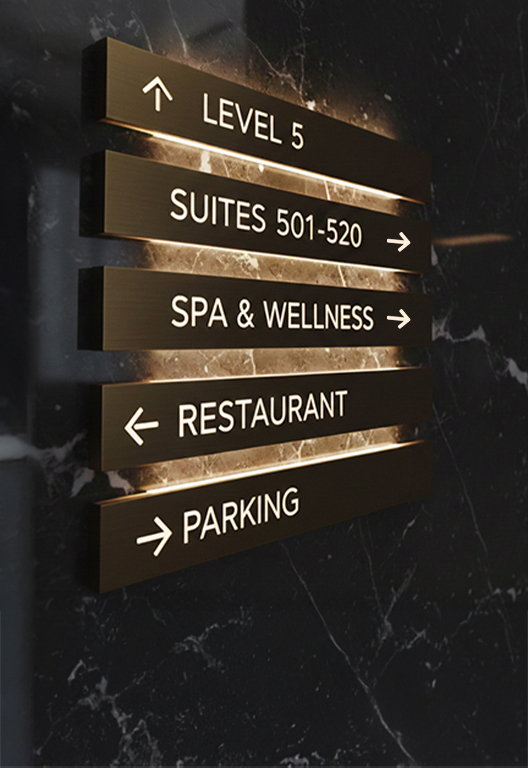 Hospitality wayfinding signage for modern interior building design