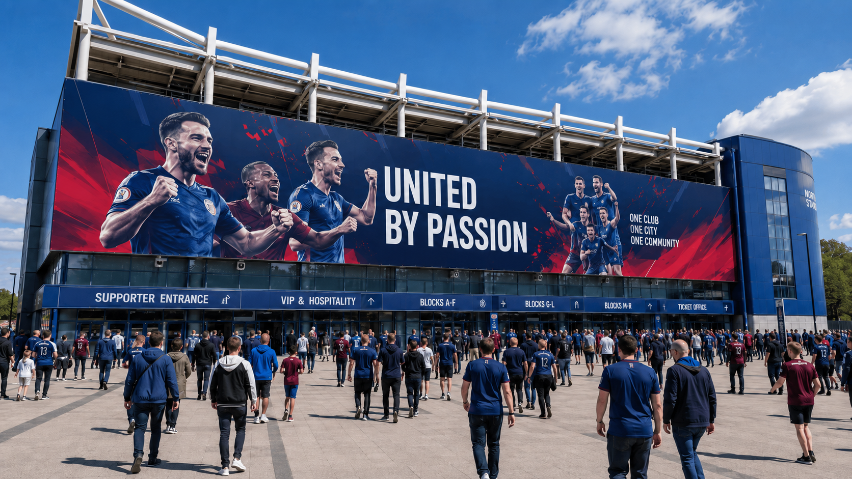 Large format stadium graphics installed across a sports venue for branding and fan engagement