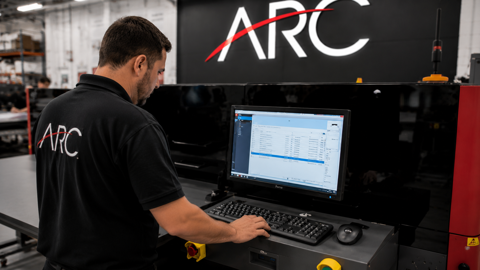 ARC UK team member operating large format printing equipment