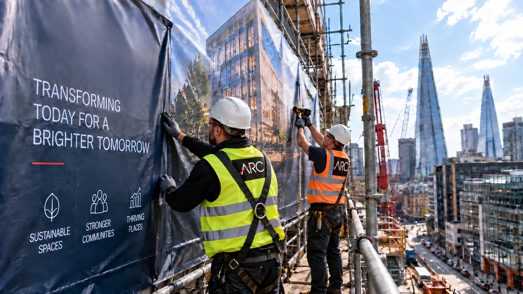 ARC UK team installing a custom building wrap on a commercial property